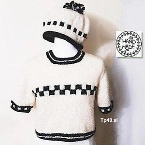 Cute! Hand knitted Handmade Crop Sweater+Hat Set Cream Green Metallic Gold Yarn